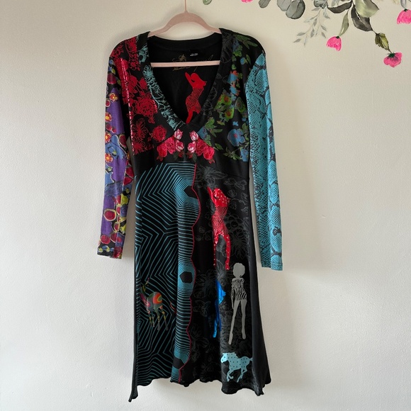 Desigual Long Sleeve Dress, Floral/Stripe/Dancing Figures/Horse Print, Large - Picture 8 of 12